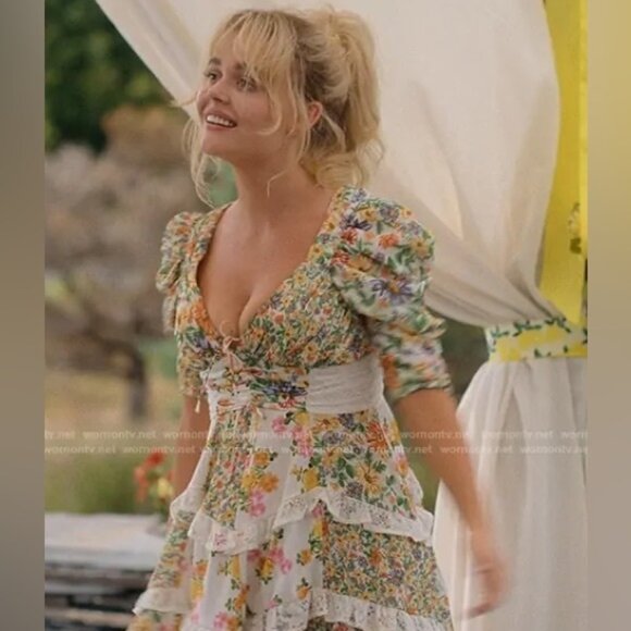 For Love and Lemons Rosalyn Floral Ruffle Mini Dress in Green XXS Cottagecore - Picture 5 of 13